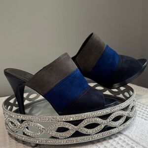 Impo Tricolor Mules in Black, Blue, and Gray